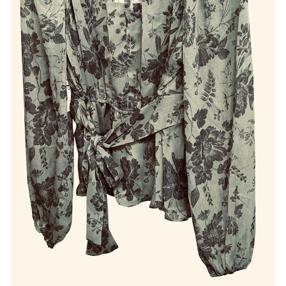 Women's Olive Green Floral Wrap Peplum Blouse L Square Neck Balloon Sleeve Top - Picture 5 of 10